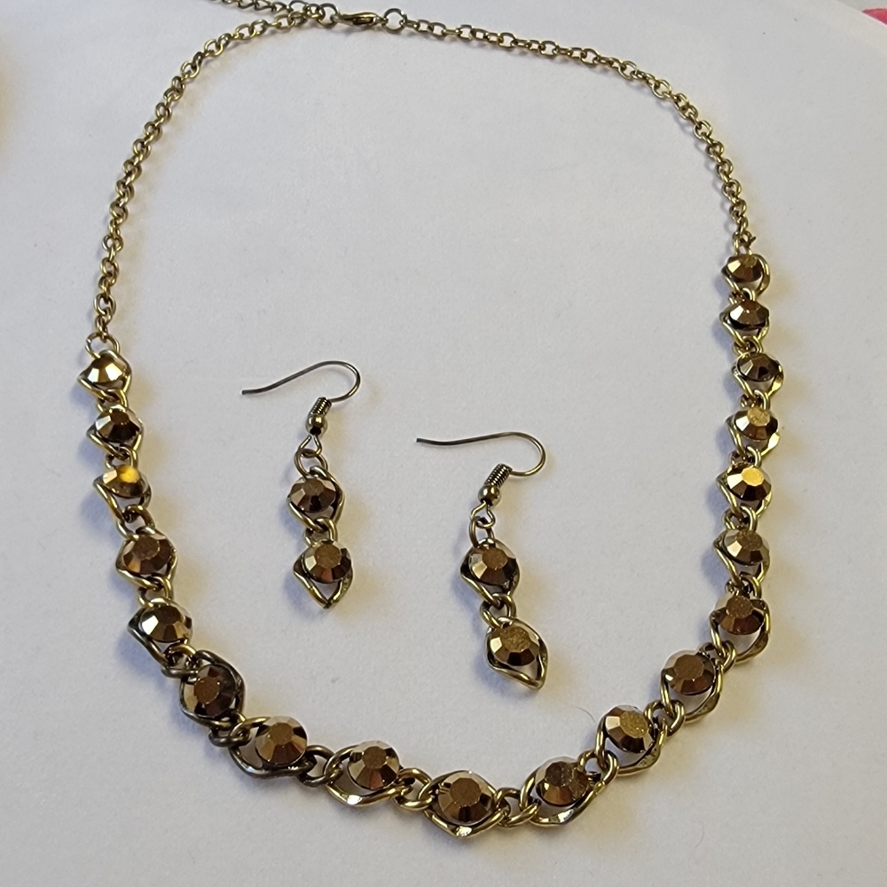Metallic Rhinestone and Chain Necklace and Droo Earring Set